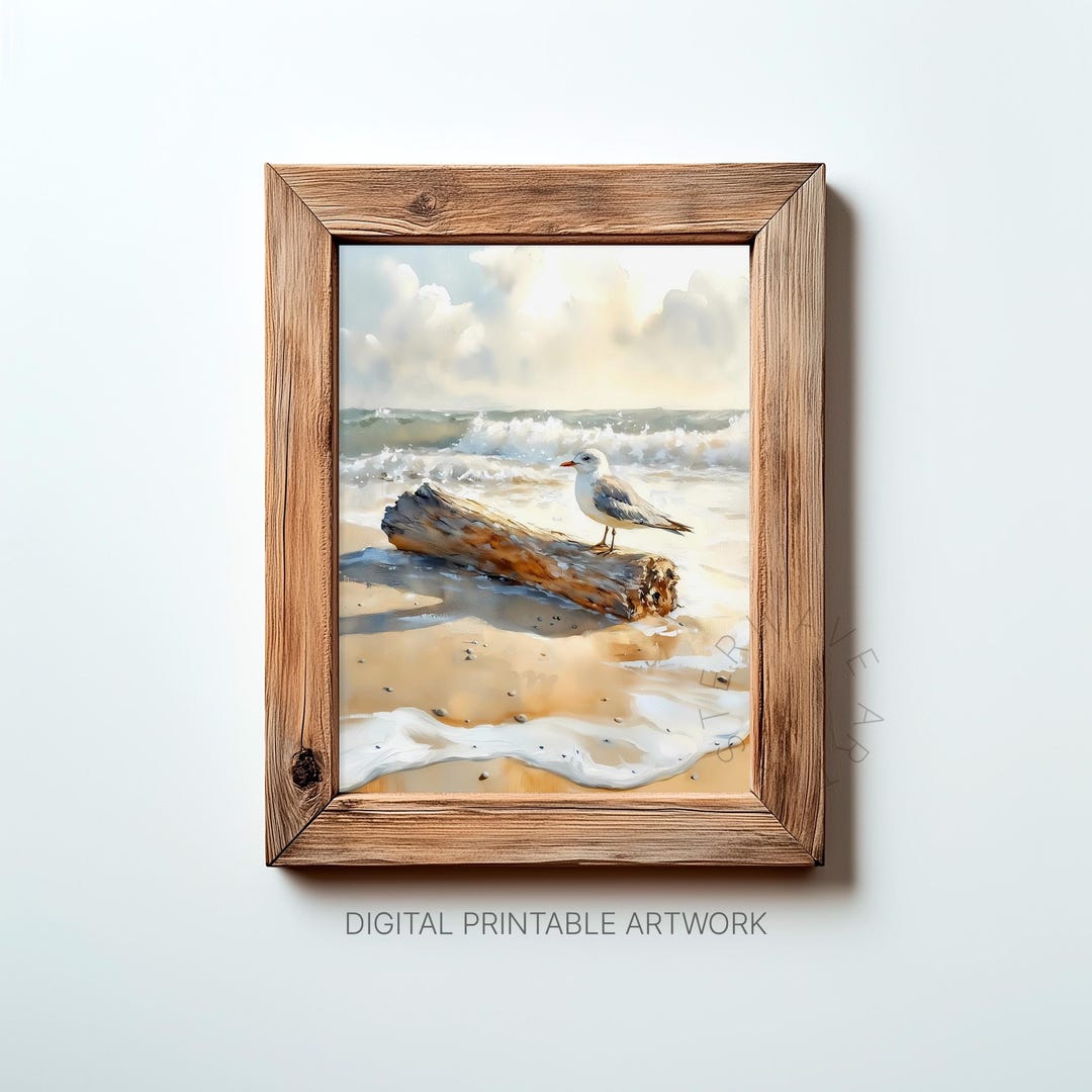 Vintage Beach Bird Painting, Printable Wall Art, Ocean Art Print ...