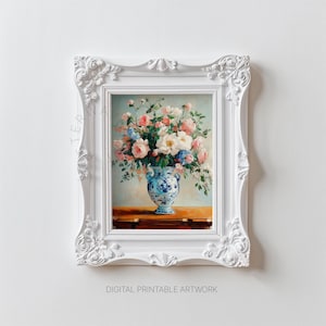 Dipinto di vaso di fiori vintage, arte murale stampabile, natura morta floreale, stile pittura a olio, stampa artistica di bouquet di fiori, download digitale