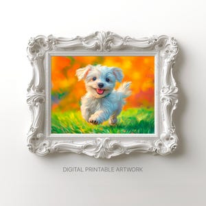 Vibrant Maltese Puppy Painting, White Maltese Puppy Print, Printable Wall Art, Dog Lovers Artwork, Oil Painting Style, Digital Download