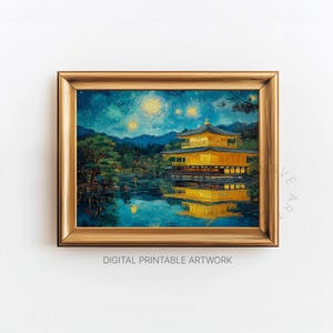 Vintage Kyoto Temple Painting, Printable Wall Art, Golden Pavilion Kinkaku-ji Japan Fine Art Print, Oil Painting Style, Digital Download