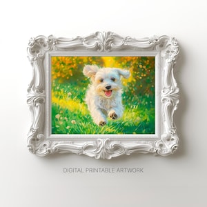 Vibrant Maltese Puppy Painting, White Maltese Puppy Print, Printable Wall Art, Dog Lovers Artwork, Oil Painting Style, Digital Download