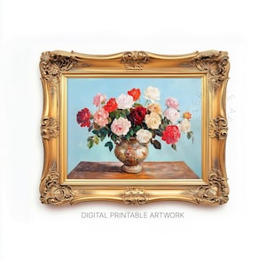Dipinto di vaso di fiori vintage, arte murale stampabile, natura morta floreale, stile pittura a olio, stampa artistica di bouquet di fiori, download digitale
