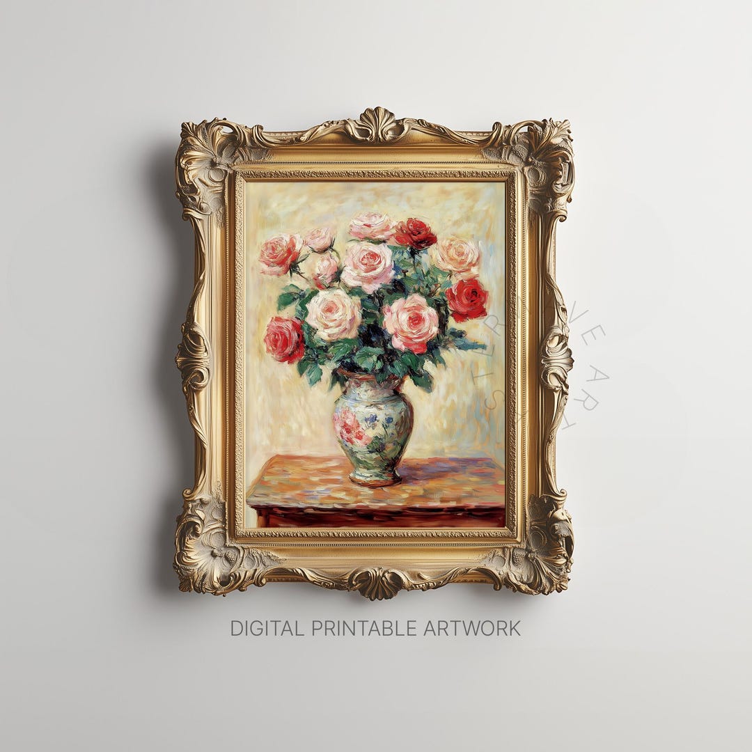 Vintage Roses Vase Painting, Printable Wall Art, Floral Still Life ...