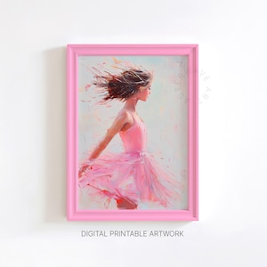 Pretty in Pink Painting, Fine Art Print, Printable Wall Art, Young Woman Dancing in Pink Dress, Oil Painting Style, Digital Download