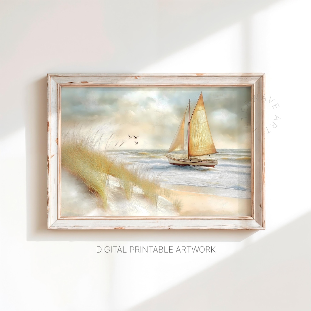 Vintage Beach Sailboat Painting, Printable Wall Art, Neutral Colors ...