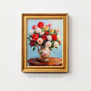 Dipinto di vaso di fiori vintage, arte murale stampabile, natura morta floreale, stile pittura a olio, stampa artistica di bouquet di fiori, download digitale