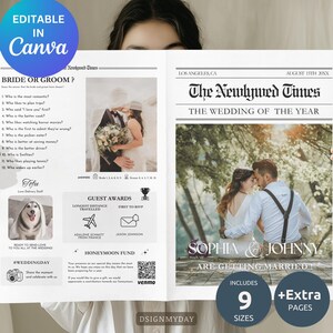 Può includere: Un annuncio di matrimonio stampabile nello stile di un giornale. Il titolo recita "The Newlywed Times" e presenta i nomi della coppia, "Sophia & Johnny", e il testo "Are Getting Married!" L'annuncio include una foto della coppia e una sezione per i premi degli ospiti e un fondo per la luna di miele.