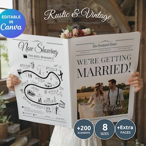Peut inclure: Annonce de mariage de style journal avec le titre « We're Getting Married! » et une photo d'un couple. La page de gauche présente un design sur le thème du cinéma avec le texte « Now Showing: The Reel Romance ».
