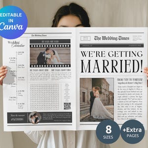Op de afbeelding: Een huwelijksaankondiging in de stijl van een krant met de kop "We're Getting Married!" en een foto van het paar. De aankondiging bevat een huwelijksschema, een "Hij zei, zij zei" sectie en een kruiswoordpuzzel. De tekst "From Yes to Forever: Angelica & Henry's Big Day!" is ook inbegrepen. De aankondiging is verkrijgbaar in 8 maten en bevat extra pagina's.