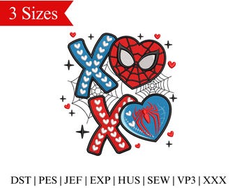 XOXO Spiderman Heart Embroidery Design: Valentine Superhero Merch (3 Sizes) (Instant Download)