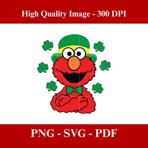 May include: A red cartoon character wearing a green hat and bow tie, surrounded by green shamrocks. The image includes the text "High Quality Image - 300 DPI" and "PNG - SVG - PDF".