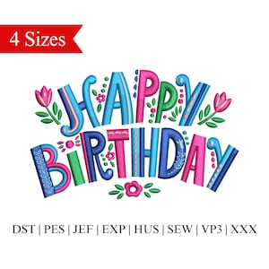 Motif de broderie joyeux anniversaire, motif de broderie fête d'anniversaire, anniversaire garçon, anniversaire fille Merch - 4 tailles - téléchargement immédiat