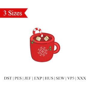 Christmas Hot Cocoa Embroidery Design, Hot Chocolate Embroidery Design, Marshmallow Candy Cane Embroidery - 3 Sizes - Instant Download