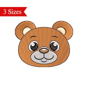 May include: Embroidered design of a brown bear face with big eyes and a smile. The bear has a white nose and mouth.