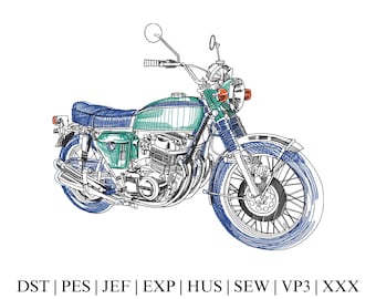 May include: An embroidered design of a classic motorcycle in blue and green. The motorcycle has a detailed engine, fuel tank, and wheels. The design is set against a white background. Below the motorcycle are the letters: DST | PES | JEF | EXP | HUS | SEW | VP3 | XXX.