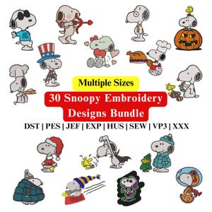 May include: A collection of 30 Snoopy embroidery designs in various poses and outfits. The designs include Snoopy in a Joe Cool shirt, a chef's hat, and a Santa hat. The image also includes the text "Multiple Sizes" and "30 Snoopy Embroidery Designs Bundle".