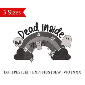 Pode incluir: Desenho de bordado preto e branco de um arco-íris com o texto "Dead inside" acima. Há também imagens de um fantasma, um morcego e uma caveira.