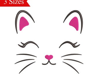 Archivo de bordado de cara de gato, diseño de bordado de gatito, lindo diseño de bordado para amantes de los gatos - 3 tamaños - Descarga instantánea