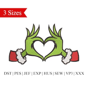 May include: Green Grinch hands making a heart shape with red and white Santa hat cuffs.  The image includes the text "3 Sizes" and "DST | PES | JEF | EXP | HUS | SEW | VP3 | XXX".