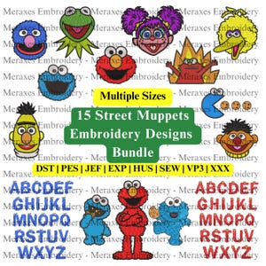 Puede incluir: Imagen que muestra 15 diseños de bordado de los Muppets, con personajes como Elmo y el Monstruo de las Galletas. La imagen también incluye un conjunto de alfabeto y varios formatos de archivo, perfectos para proyectos de bordado.