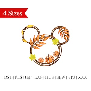 Puede incluir: Diseño bordado de una corona marrón con hojas de otoño y calabazas. La corona tiene forma de orejas de Mickey Mouse. El diseño está disponible en cuatro tamaños.