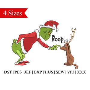 Puede incluir: Personaje verde del Grinch con un gorro de Papá Noel y un traje rojo, apuntando a un perro marrón con cuernos. El Grinch dice "Boop" en un globo de diálogo.