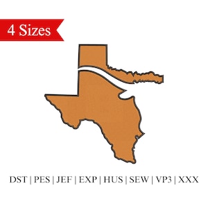 Puede incluir: Un diseño bordado del estado de Texas en tonos marrón y naranja, con una línea blanca curva en el medio. El texto "4 Sizes" está en una pancarta roja. Debajo, los formatos de archivo: DST, PES, JEF, EXP, HUS, SEW, VP3 y XXX.