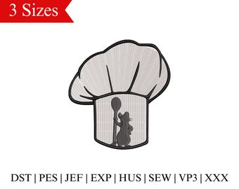 Bordado de Ratatouille: Diseño de gorro de chef con diseño de ratón de dibujos animados - 3 tamaños (Descarga instantánea)