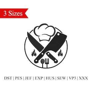 Chef Knife Kitchen Embroidery Design, Chef Apron Embroidery Design, Chef's Logo Embroidery - 3 Sizes - Instant Download