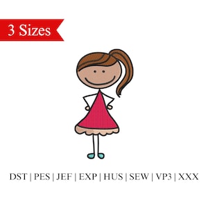 Stick Figure Embroidery Design, Cartoon Girl Embroidery, Kids Trendy Embroidery, Iram Embroidery - 3 Sizes - Instant Download