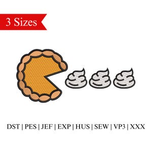 May include: An embroidery design of a pumpkin pie with a bite taken out of it and three dollops of whipped cream. The design is available in three sizes and comes in the following formats: DST, PES, JEF, EXP, HUS, SEW, VP3, and XXX.