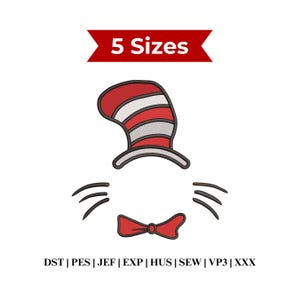 May include: An embroidered design featuring a red and white striped hat, a red bow tie, and black whiskers. The text "5 Sizes" is above the design, and the file types are listed below.
