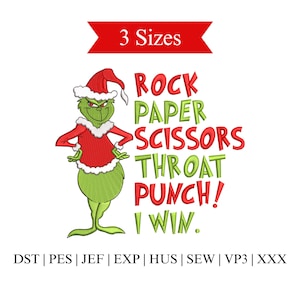 May include: A green cartoon character in a Santa hat and red outfit with the text "ROCK PAPER SCISSORS THROAT PUNCH! I WIN." The image also includes the text "3 Sizes" and various file format abbreviations.