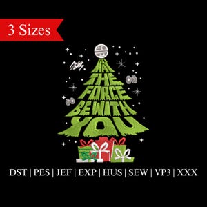 May include: Green Christmas tree shaped like the words "May the Force be with you" with a star on top and presents at the bottom.