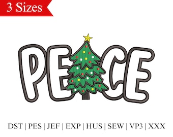 May include: Embroidered design of the word "PEACE" with a green Christmas tree in the center. The tree has red and yellow ornaments and a yellow star on top.