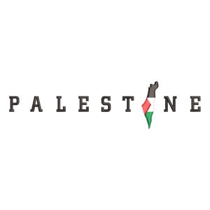 Könnte beinhalten: Das Wort "PALESTINE" ist in schwarzen Buchstaben geschrieben. In der Mitte des Wortes befindet sich eine Silhouette des Landes Palästina mit den Farben der palästinensischen Flagge: Grün, Weiß, Rot und Schwarz.