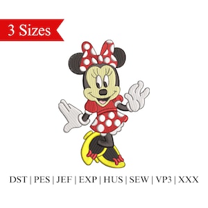 May include: An embroidered design of a cartoon character in a red dress with white polka dots, a matching bow, and yellow shoes. The text "3 Sizes" is in a red banner. Below are embroidery file formats.