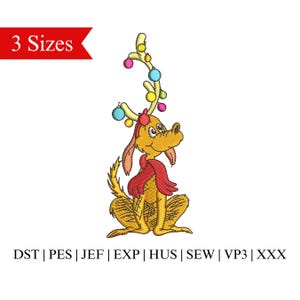 May include: Embroidered design of a yellow dog wearing a red bow and a green, yellow, and blue antler headband with colorful ornaments. The design is available in three sizes.