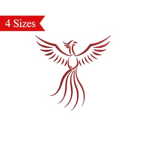 May include: Red line art illustration of a phoenix with its wings spread wide. The phoenix is facing forward with its head tilted up.