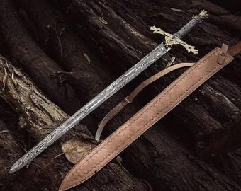 Handmade Damascus Steel Templar Knight Sword: Medieval Holy Sword | Leather Sheath  Best Gift for him Unique gift.