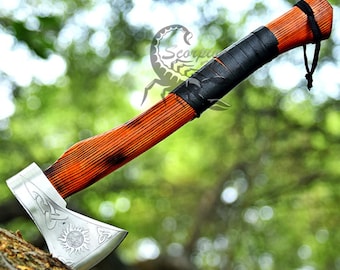 Viking Bearded Camping Axe | Hand Forged Carbon Steel Hatchet With Ash Wood Handle | Ideal Camping Gift for Him or Best man Ideal Gift