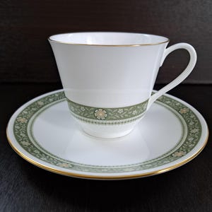 Vintage Royal Doulton Rondelay Teacup and Saucer Set: English Fine Bone China, Green & Gold