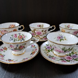 Set of 5 Springfield England Tea Cups & Saucers Set – Fine Bone China – Mixed Floral Patterns – Vintage English Teacups with Gold Trim