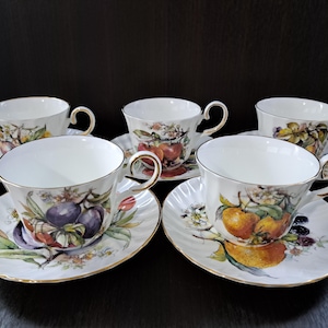 Set of 5 Vintage Regency English Bone China Tea Cups & Saucers with Gold Trim – Fruit Series – Made in England – Cottagecore Kitchen Décor