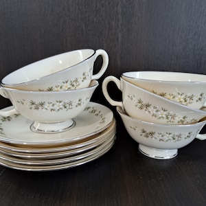 Set of 5 Lenox Brookdale Tea Cups & Saucers – Fine Bone China – White with Platinum Trim – Vintage USA Made – Classic Formal Tableware