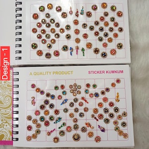 May include: Two spiral-bound display sheets featuring an assortment of adhesive sticker kumkum. The stickers are circular, floral, and teardrop-shaped, decorated with colorful rhinestones in shades of red, green, blue, orange, and gold.