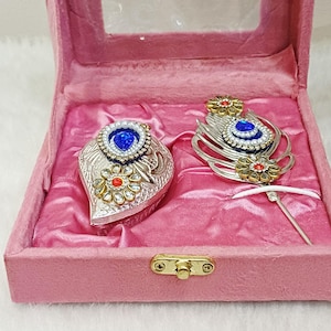 Handcrafted German Silver Shankh Sindoor Box & Peacock Tilak Stick Set | Kumkum Dabbi with Velvet Box (Pack of 1)
