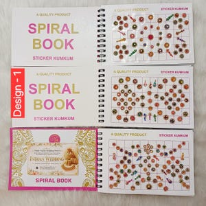 May include: A spiral-bound book containing multiple pages of adhesive sticker kumkum. Each page features a grid of small, colorful, decorative face stickers in various circular and teardrop shapes, accented with gold-toned details and rhinestones.