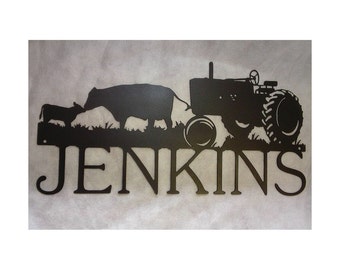 Personalized Sign with Tractor and Cows