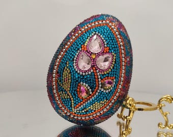 Pysanky eggs. Ukrainian pysanka Easter egg. Handcrafted rhinestone-decorated egg. Foam base. Fine art from Ukraine. Home decor. Original art